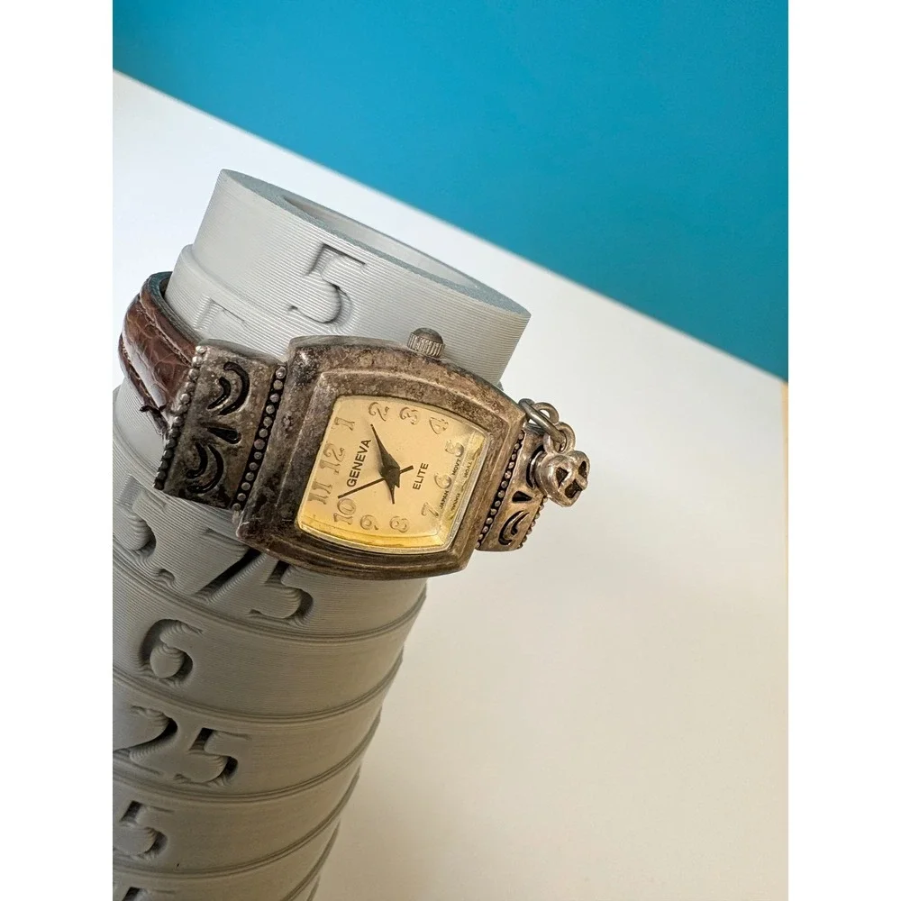 Geneva Elite Vintage Style Brown Leather Ornate‎ Silver Tone Heart Charm Watch